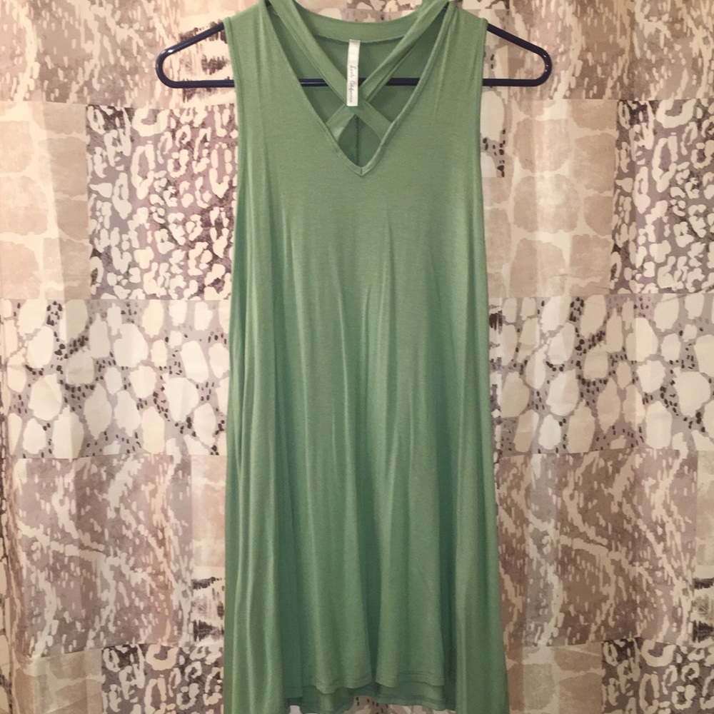 Olive colored sleeveless dress w/ crisscross